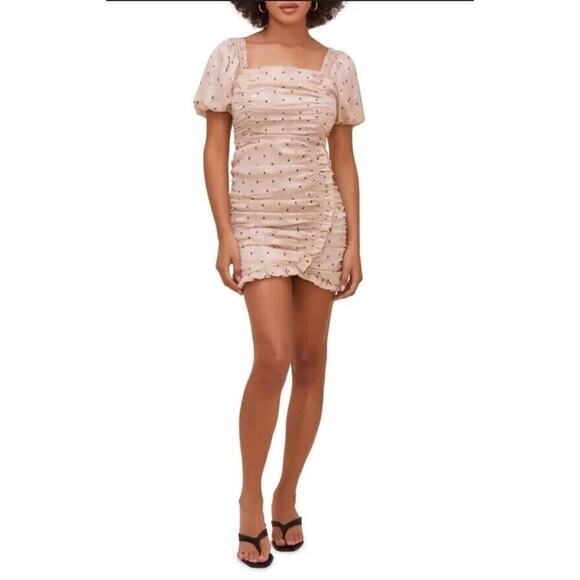 ASTR the Label Wo Julianna Ruched Sheath Mini Dress cream polka dot floral Large - Picture 1 of 6